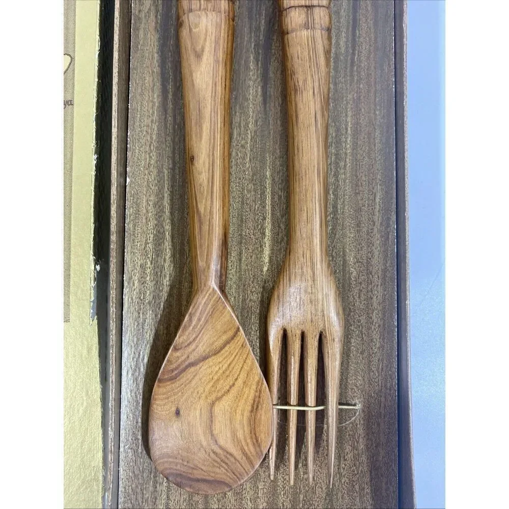 Vintage Salad Server Set African Kenya Mvule Wood Fork Spoon New w/Box